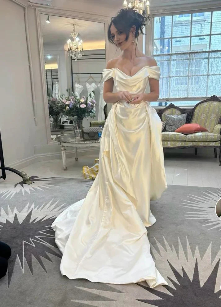 Ivory Off‑The‑Shoulder Satin A‑Line Train Wedding Dresses