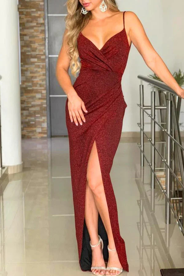 V-Neck Sequin High Slit Evening Dress - Chloe Dress