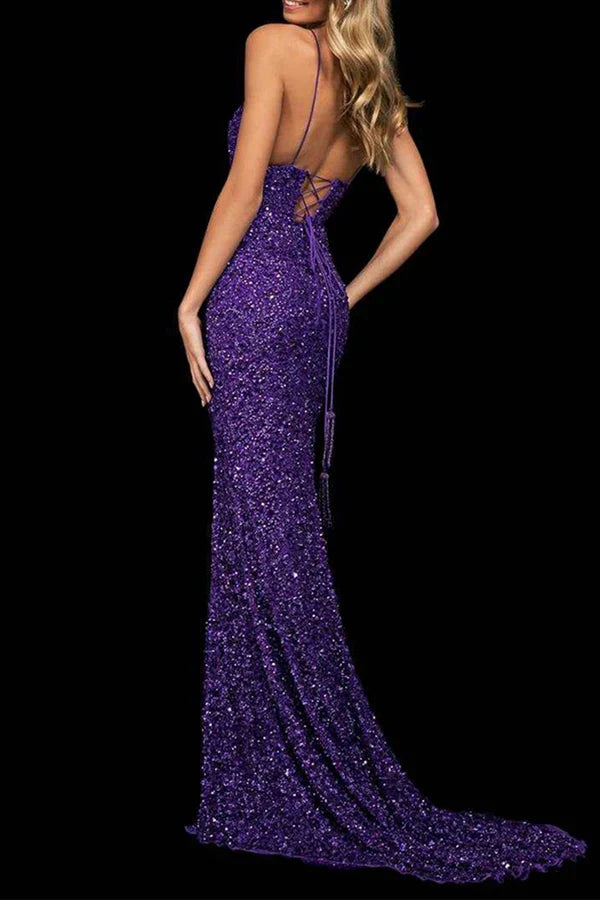 V-Neck Sequin Backless Evening Dress - Chloe Dress
