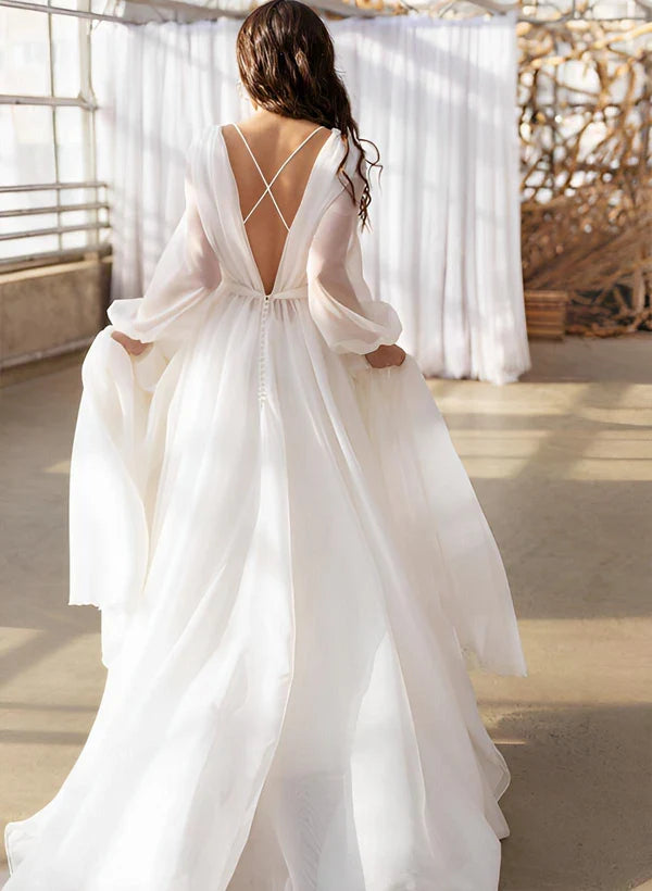 A-Line Chiffon Long Sleeve Wedding Dress - Chloe Dress