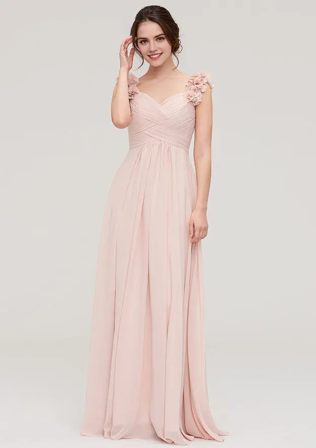 Blush Pink 3D Floral Strap Chiffon Long Bridesmaid Dresses