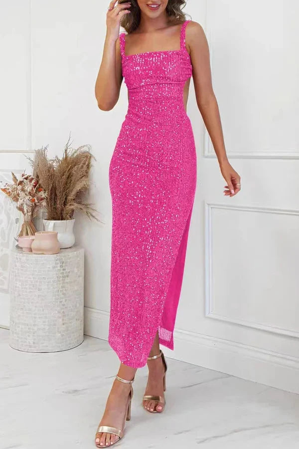 Square Neck Sequin High Slit Evening Dress - Chloe Dress