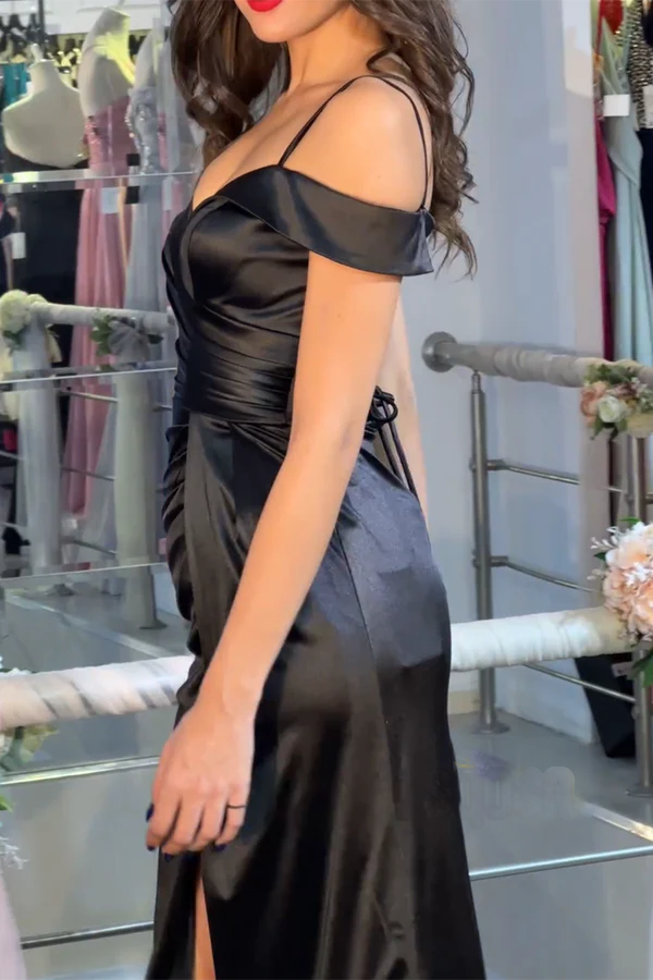 Black Off-Shoulder Satin Pleated Prom Dress - Chloe Dress