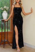 Square Neck Sequin High Slit Evening Dress - Chloe Dress