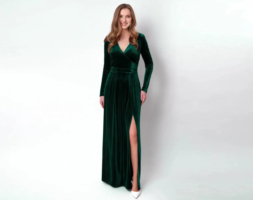 Emerald Green Velvet Long Sleeve Slit Long Bridesmaid Dresses