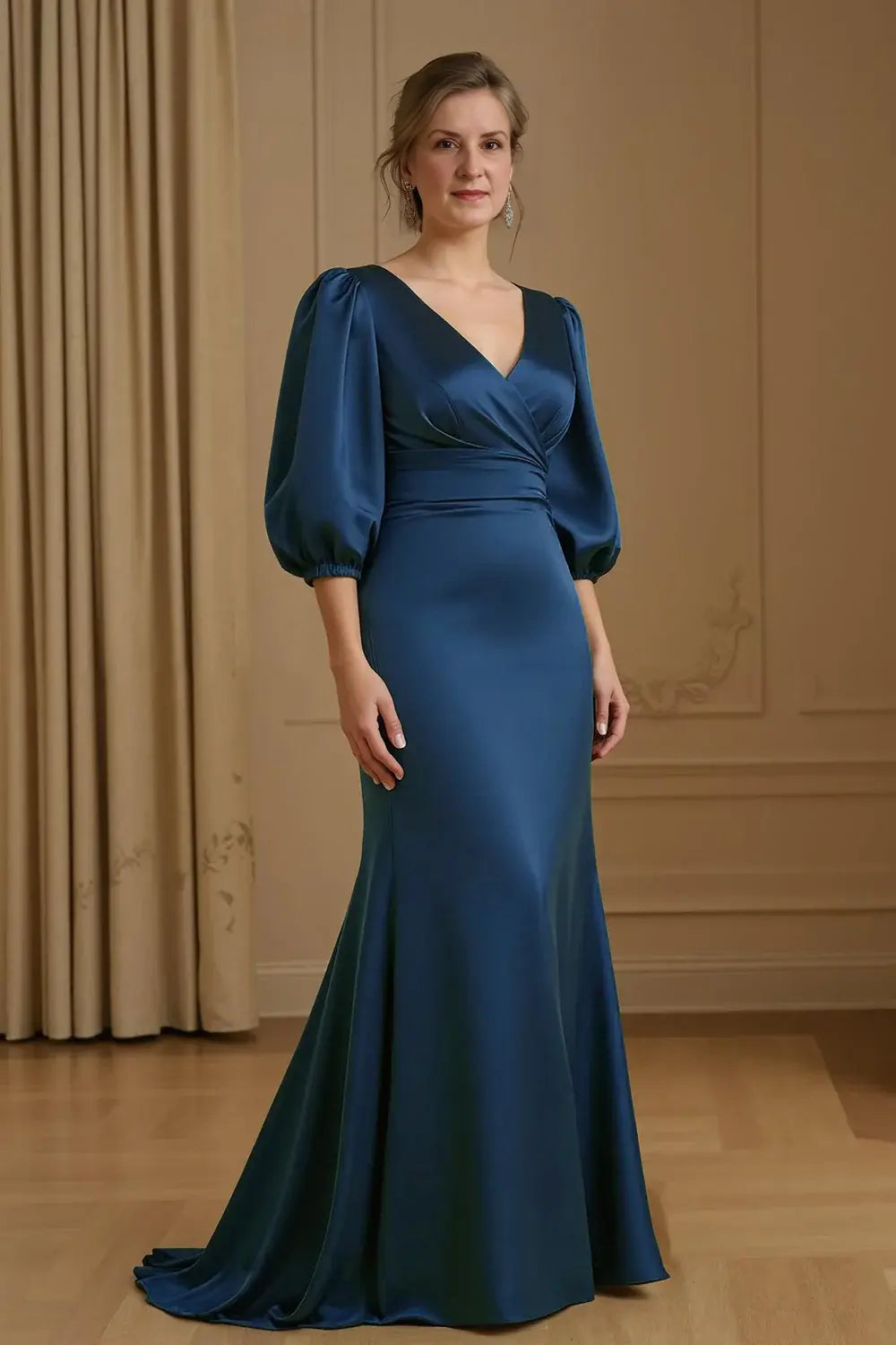 Teal Satin V‑Neck Puff Bubble Sleeve Mermaid Mother of the Bride Dress