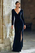 Navy Velvet Long Sleeve Deep V‑Back Slit Mermaid Mother of the Bride Dress