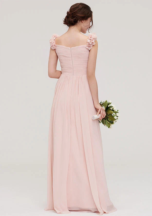Blush Pink 3D Floral Strap Chiffon Long Bridesmaid Dresses