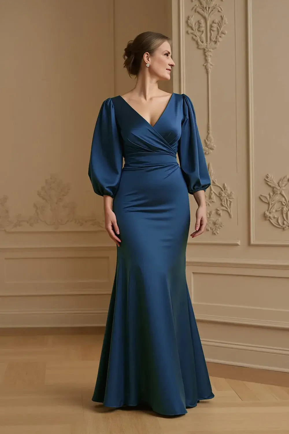 Teal Satin V‑Neck Puff Bubble Sleeve Mermaid Mother of the Bride Dress