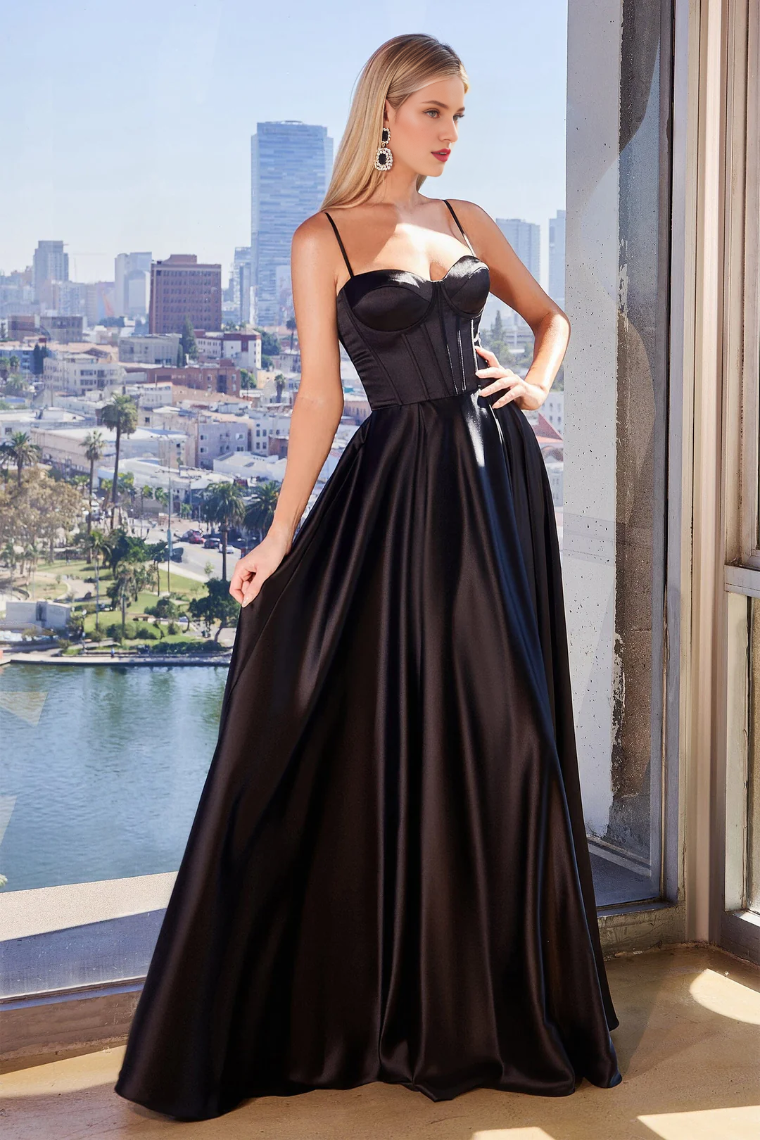 A-Line Satin Long Sleeve Lace-Up Back High Slit Dress - Chloe Dress