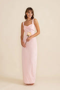 Blush Pink Satin Bow Bust Wide Strap Column Maxi Homecoming Dress