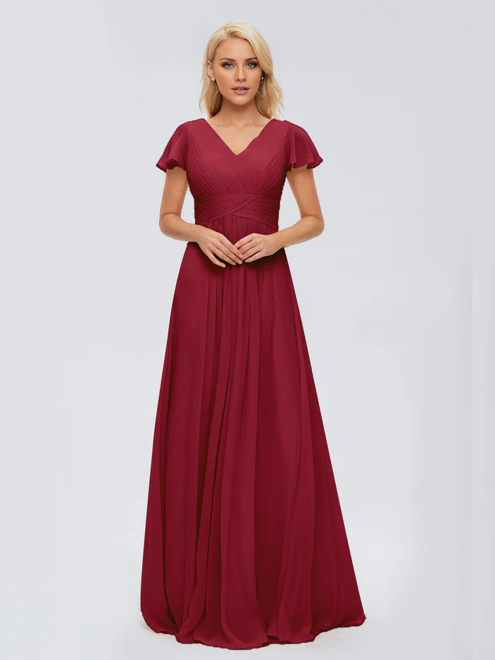 A-Line V-Neck Chiffon High Slit Floor-Length Wedding Dress - Chloe Dress