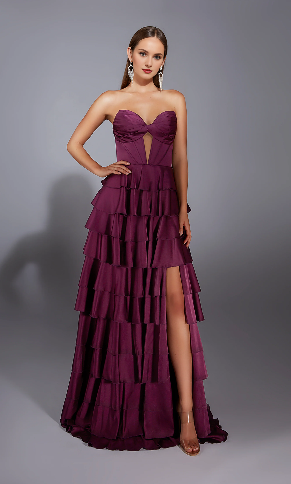 A-Line V-Neck Satin Lace-Up Back High Slit Evening Gown - Chloe Dress