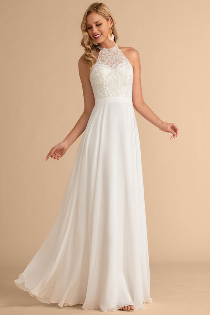 A-Line High Neck Chiffon Sleeveless Wedding Dress - Chloe Dress
