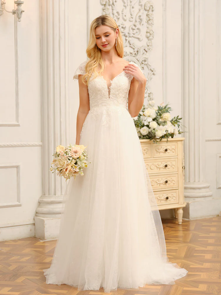 V-Neck Short Sleeve Applique Mini Wedding Dress - Chloe Dress