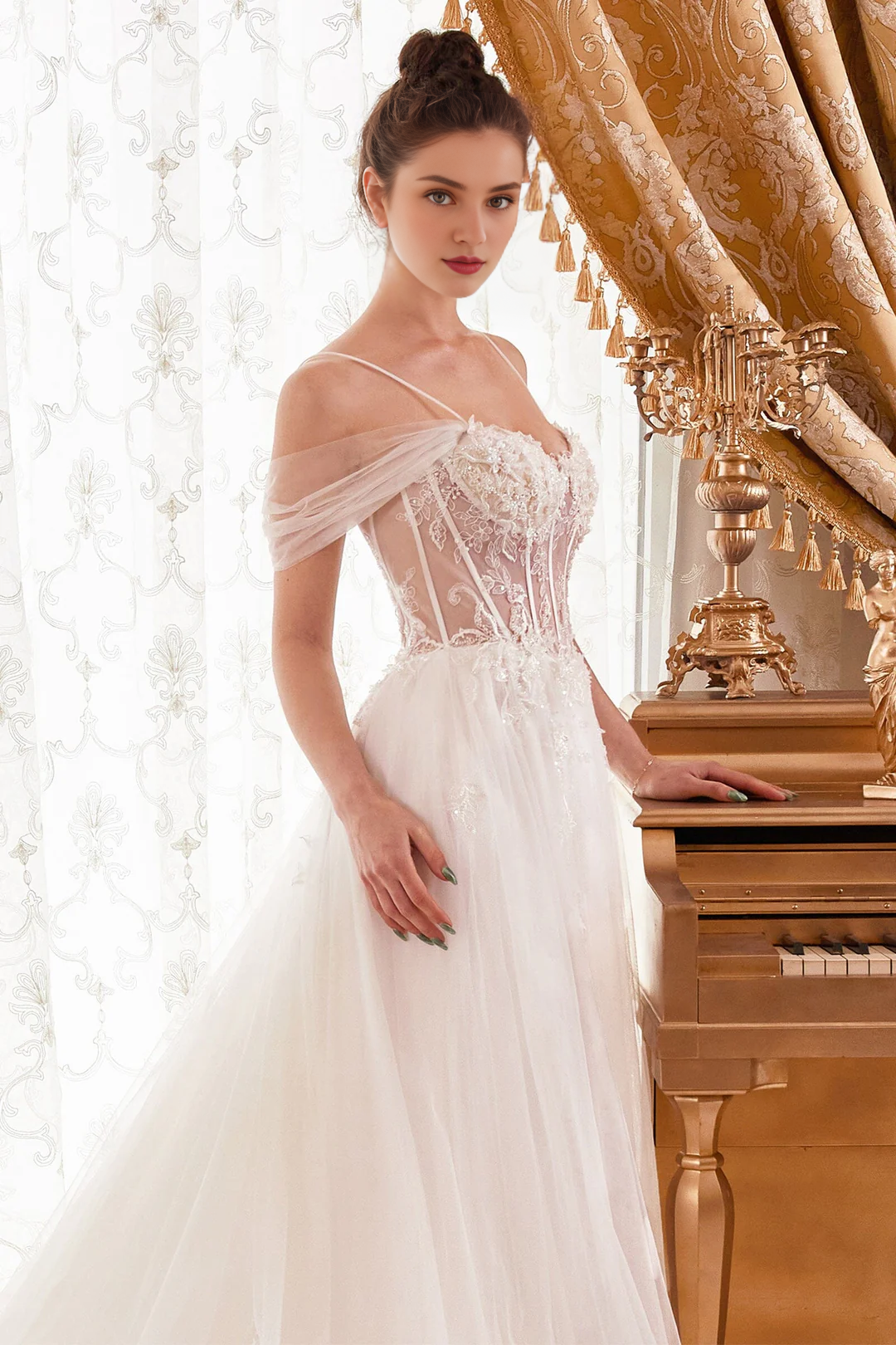 Cold Shoulder Lace-Up Back Embroidered Wedding Dress - Chloe Dress