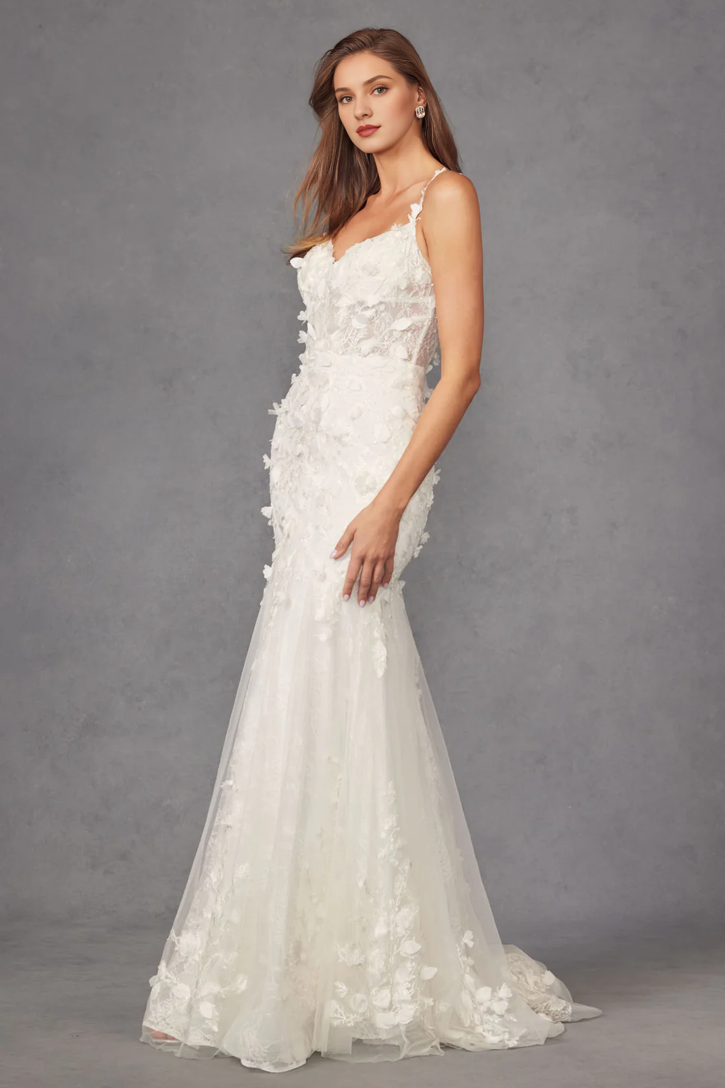 Long Sleeve Lace-Up Back Embroidered Wedding Dress - Chloe Dress