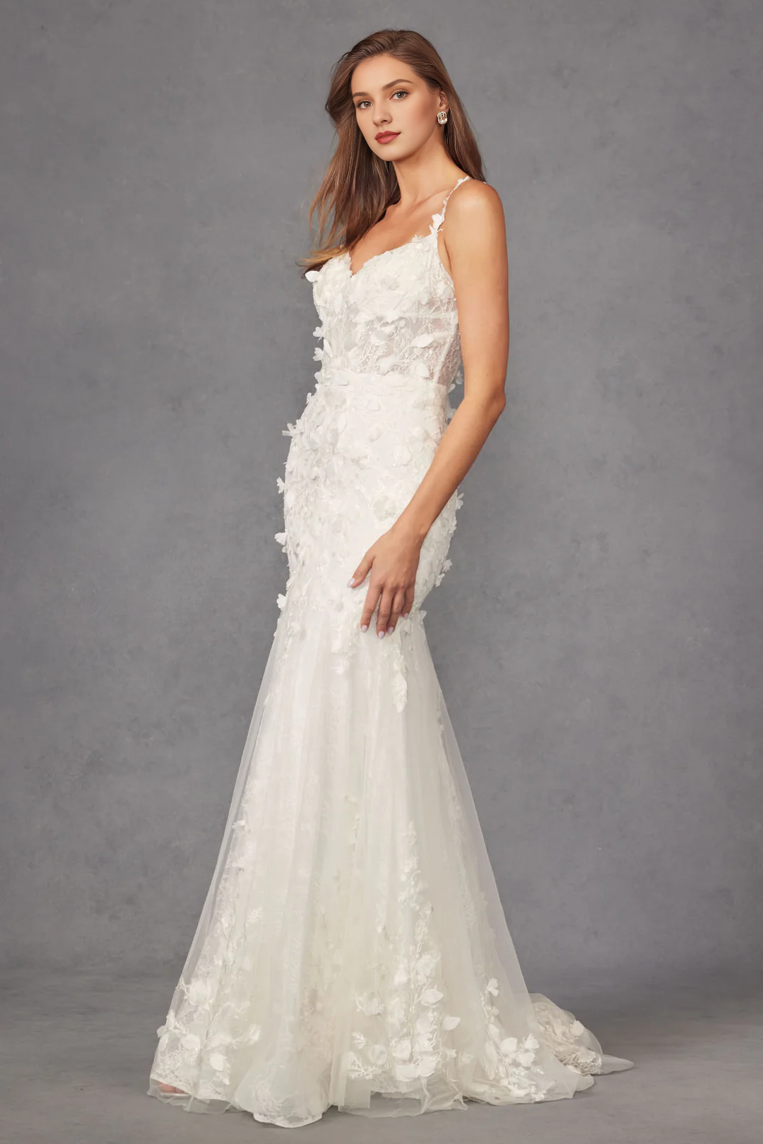 Long Sleeve Lace-Up Back Embroidered Wedding Dress - Chloe Dress