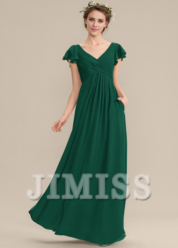 A-Line V-Neck Chiffon Ruffled Floor-Length Wedding Dress - Chloe Dress