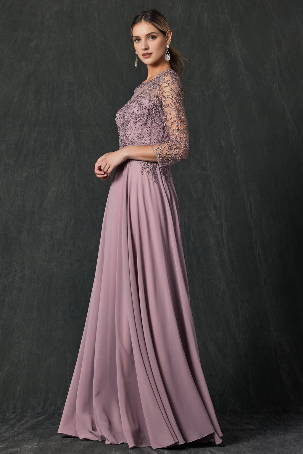 Chiffon Long Sleeve Embroidered Dress - Chloe Dress