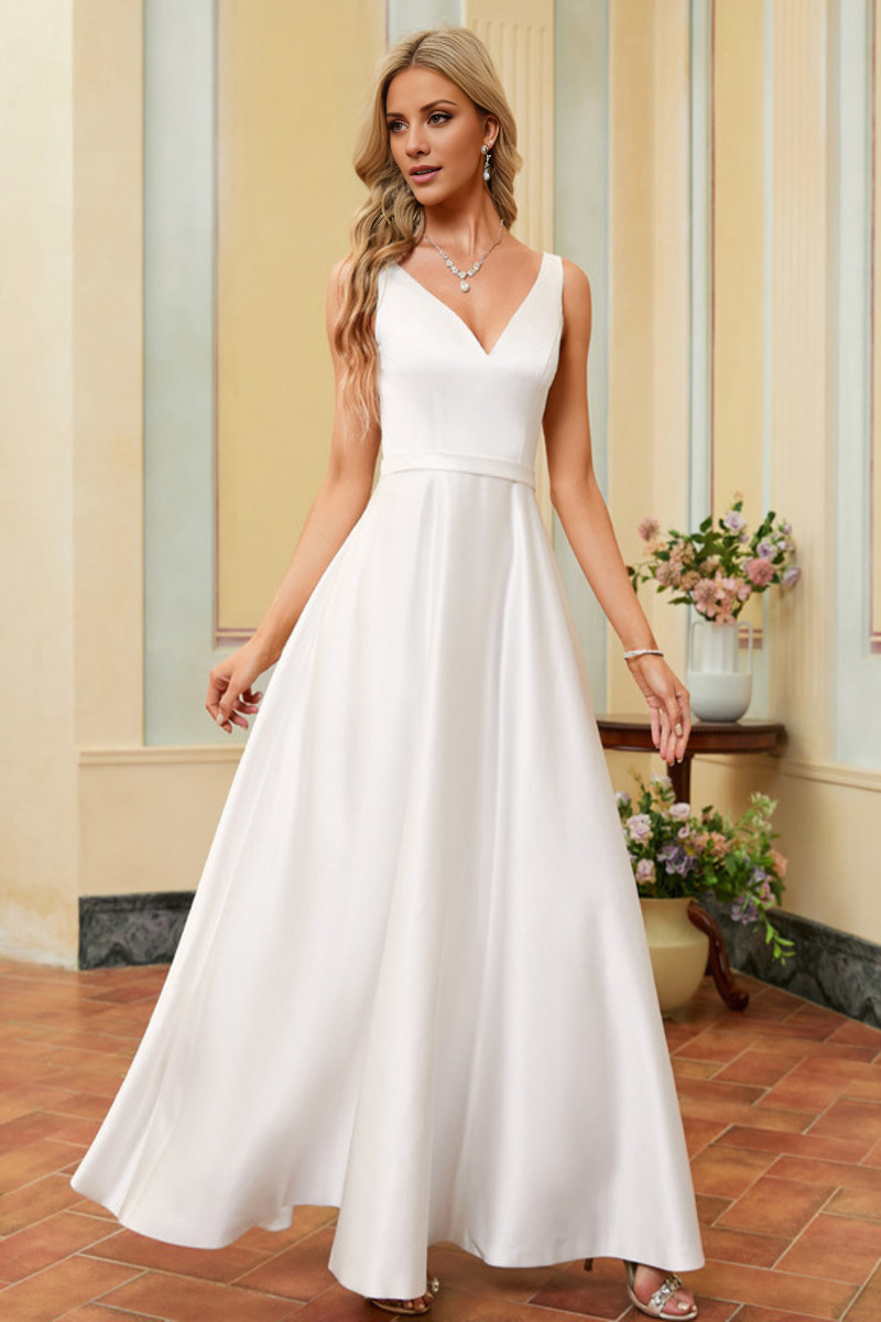 A-Line V-Neck Satin Sleeveless Floor-Length Wedding Dress - Chloe Dress