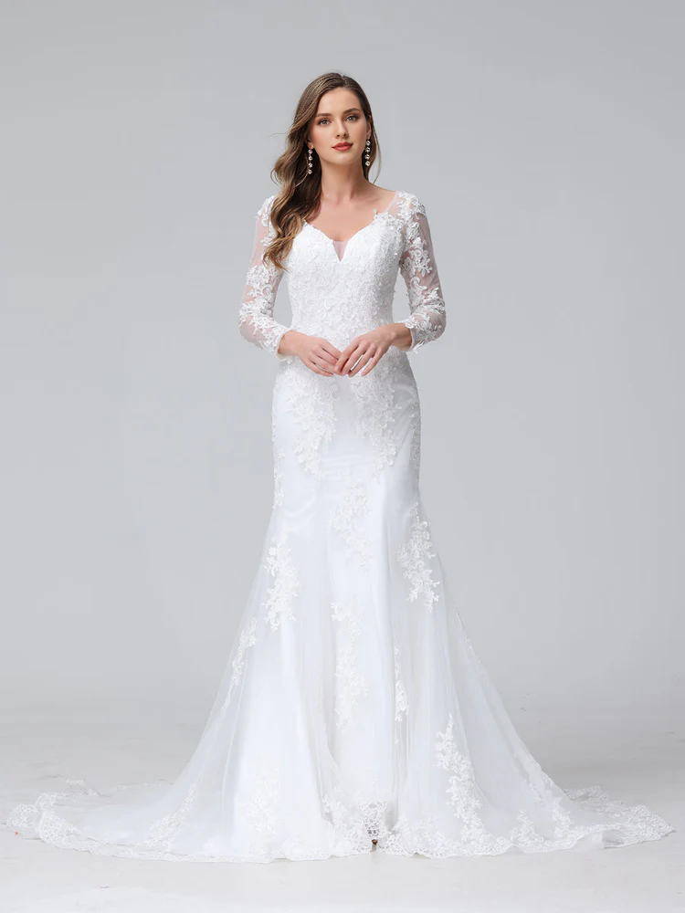 V-Neck Lace Long Sleeve Wedding Dress - Chloe Dress