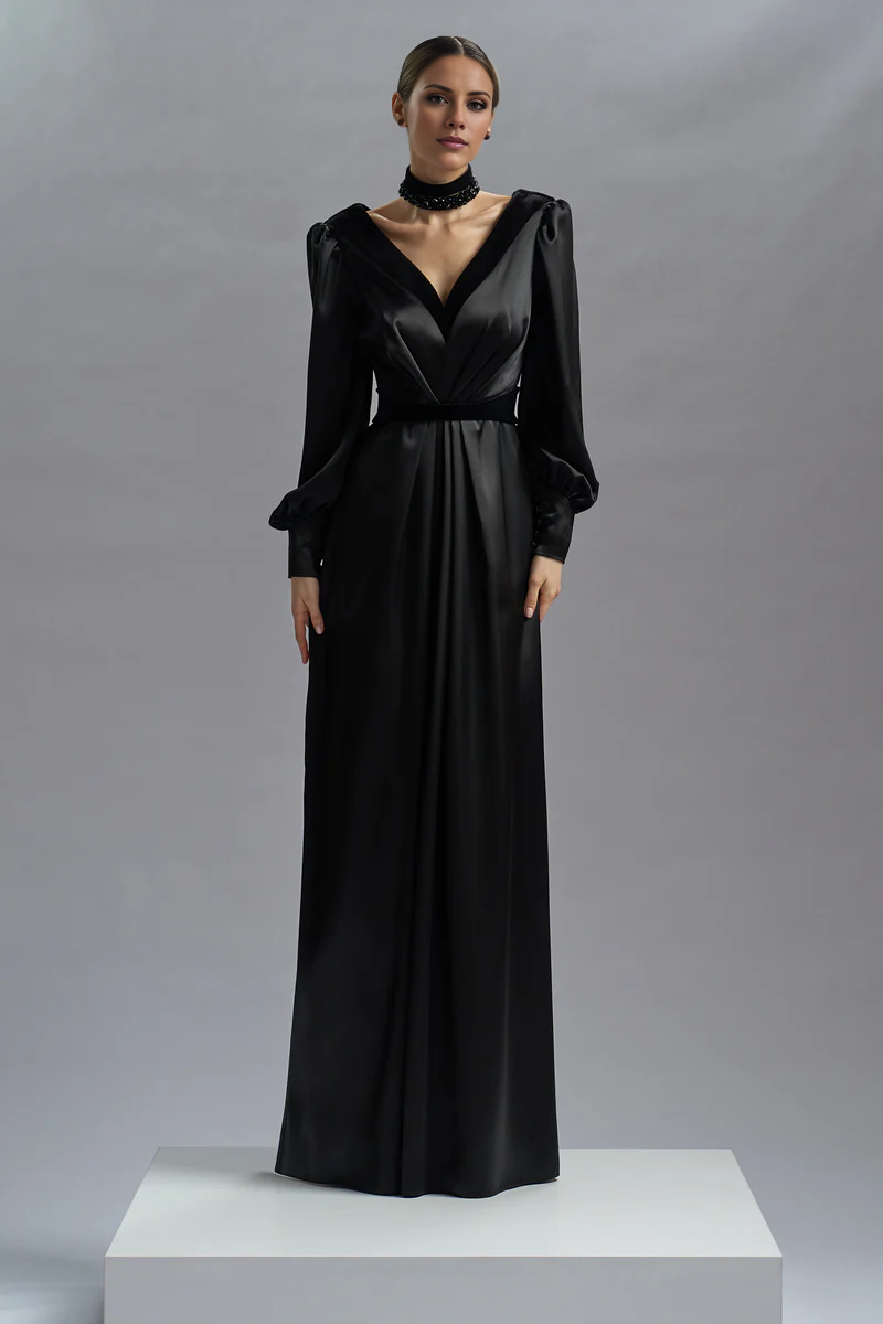 V-Neck Satin Long Sleeve Floor-Length Evening Gown - Chloe Dress