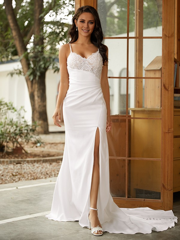 Sheath V-Neck Lace Sleeveless Train Wedding Dress - Chloe Dress