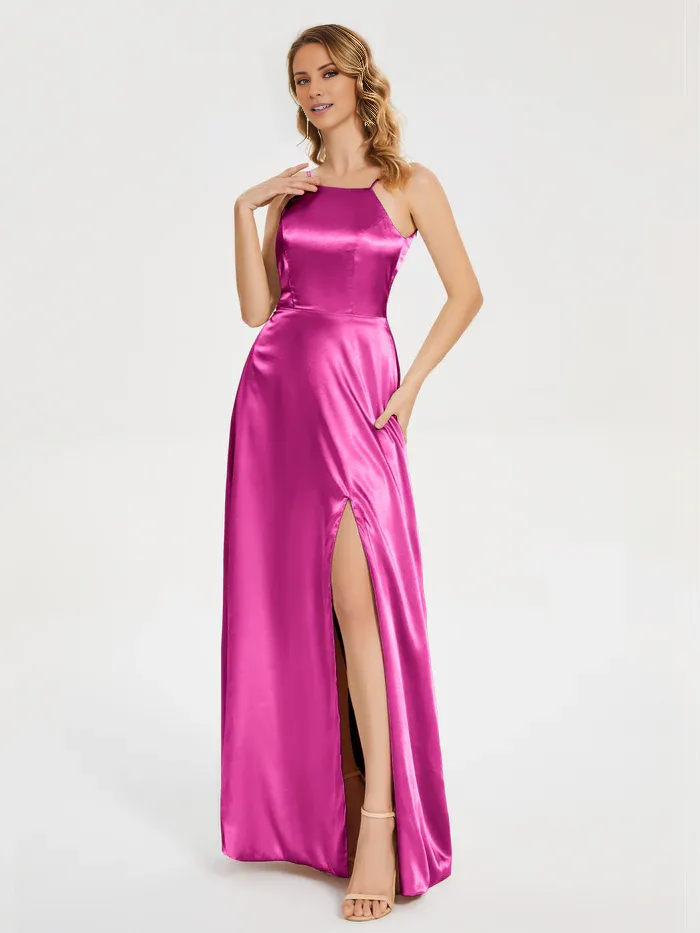 Satin Backless High Slit Floor-Length Wedding Dress - Chloe Dress