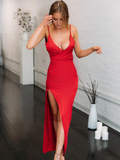 Red Mermaid V-Neck Satin Prom Dress - Chloe Dress