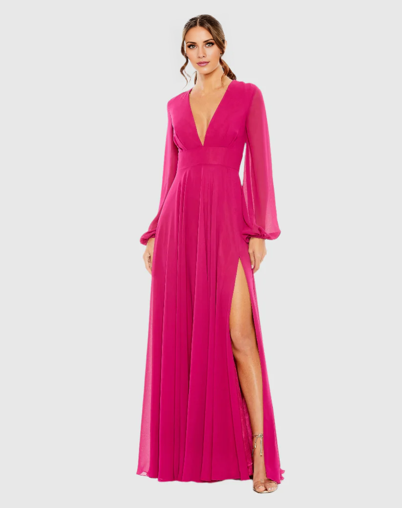 V-Neck Chiffon Long Sleeve High Slit Floor-Length Evening Dress - Chloe Dress