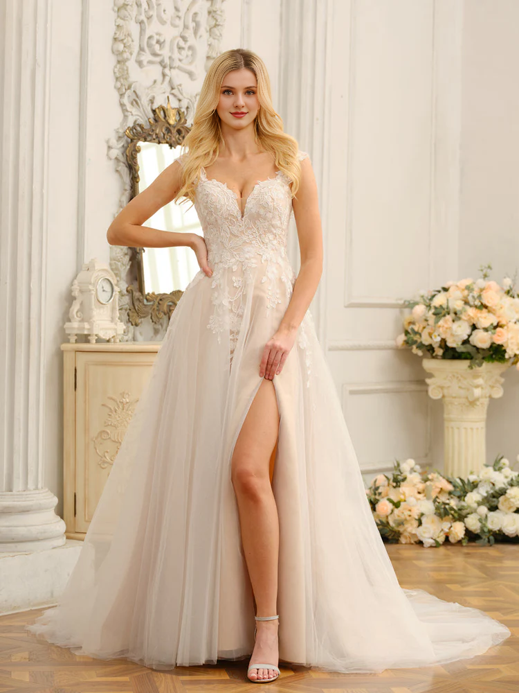 A-Line Sleeveless High Slit Wedding Dress - Chloe Dress
