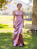 Pink V-Neck Satin Backless High Slit Floor-Length Formal Dress - Chloe Dress