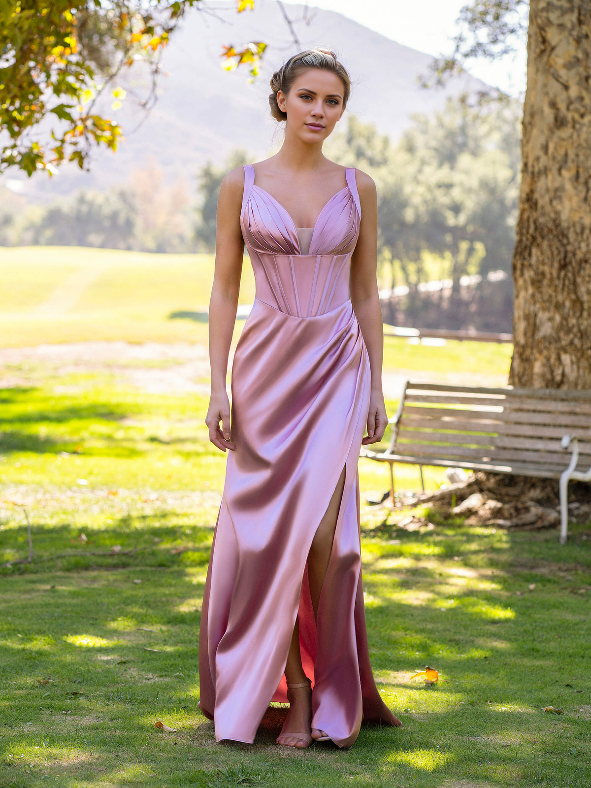 Pink V-Neck Satin Backless High Slit Floor-Length Formal Dress - Chloe Dress