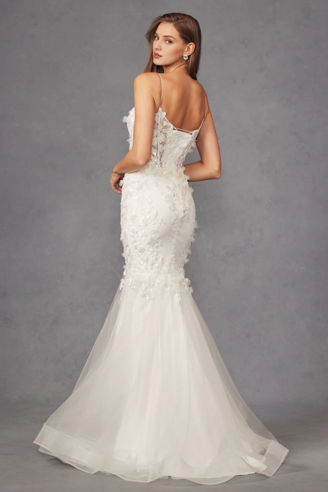 Long Sleeve Lace-Up Back Embroidered Wedding Dress - Chloe Dress