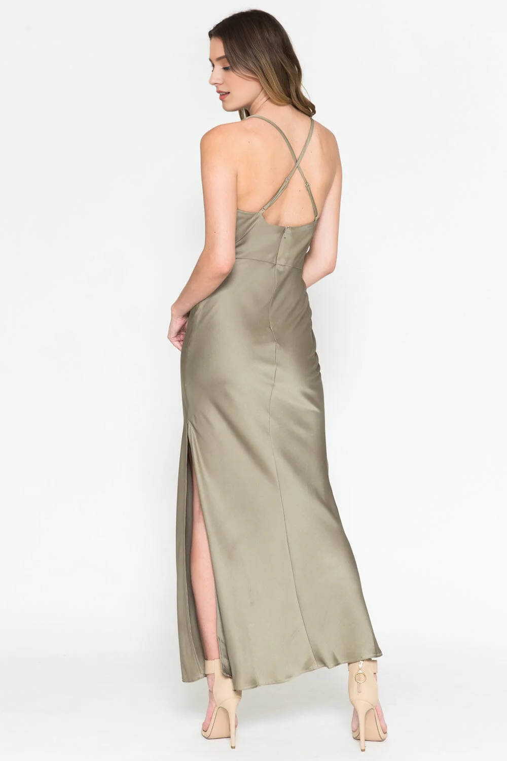 High Neck Satin Long Sleeve High Slit Dress - Chloe Dress