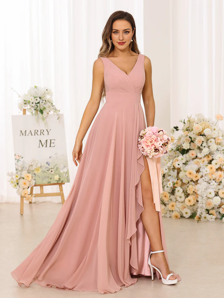 Blush Pink A-Line V-Neck Chiffon High Slit Floor-Length Wedding Dress - Chloe Dress
