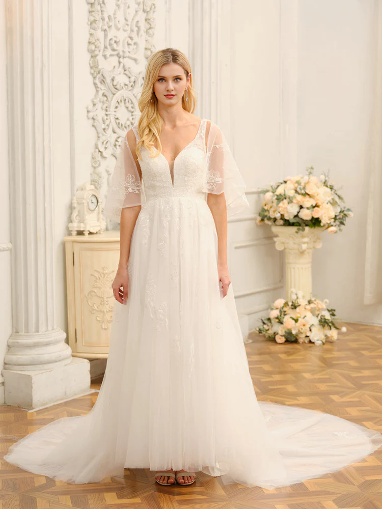 A-Line V-Neck Embroidered Wedding Dress - Chloe Dress