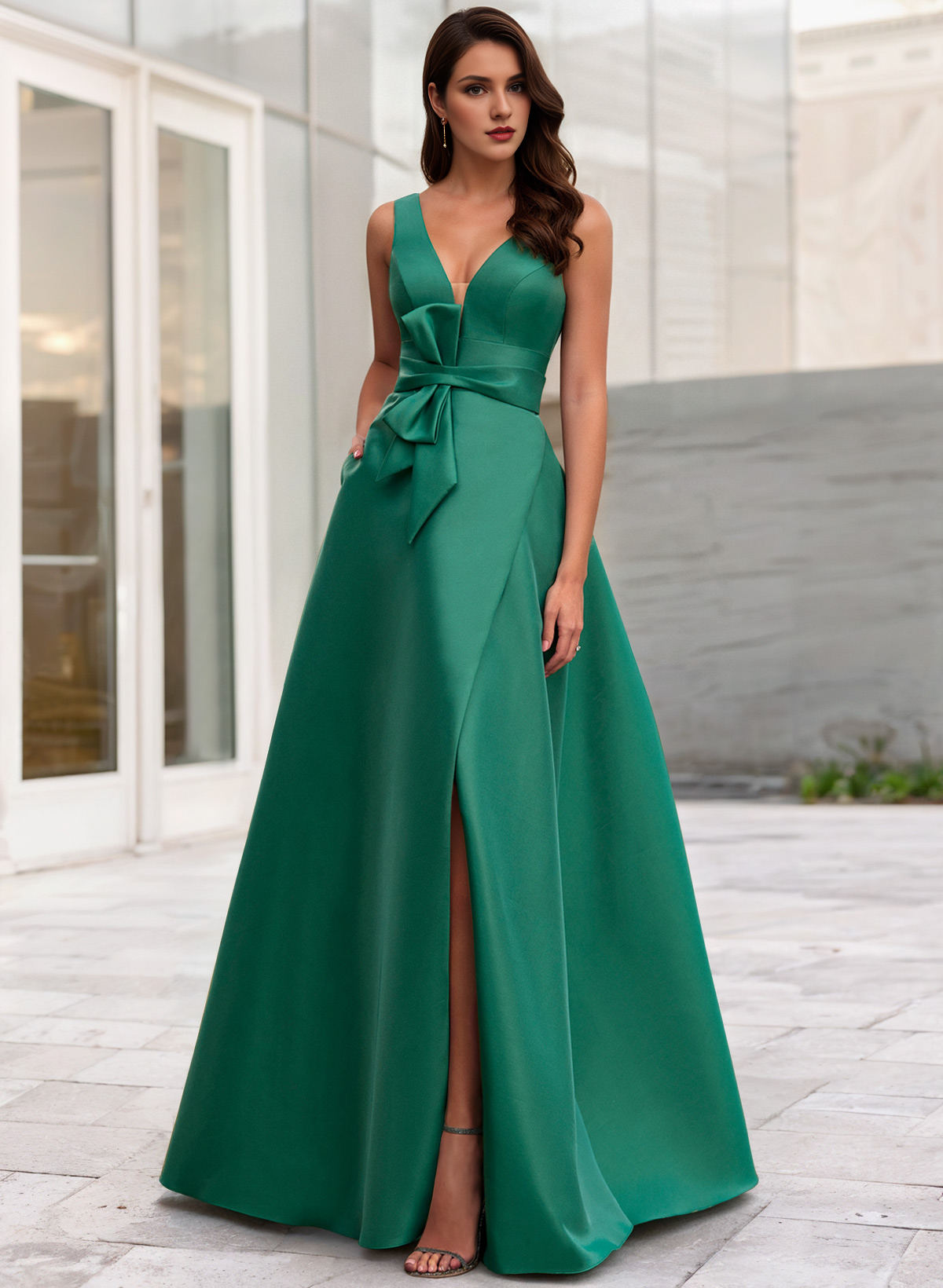A-Line V-Neck Sleeveless High Slit Floor-Length Evening Gown - Chloe Dress
