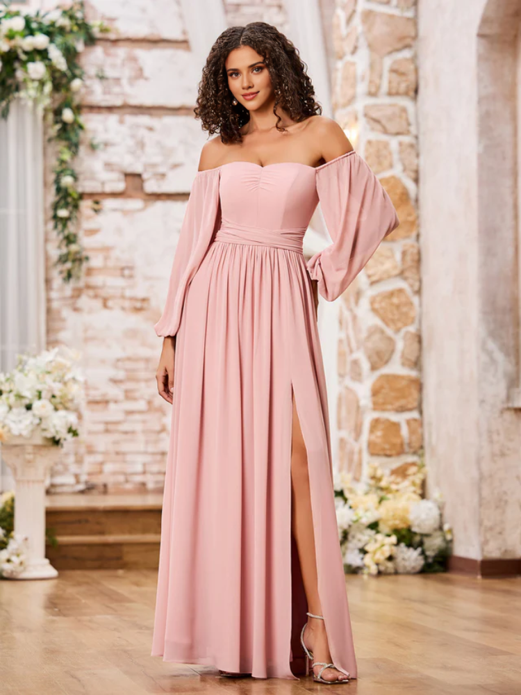 A-Line Off-Shoulder Chiffon High Slit Floor-Length Wedding Dress - Chloe Dress