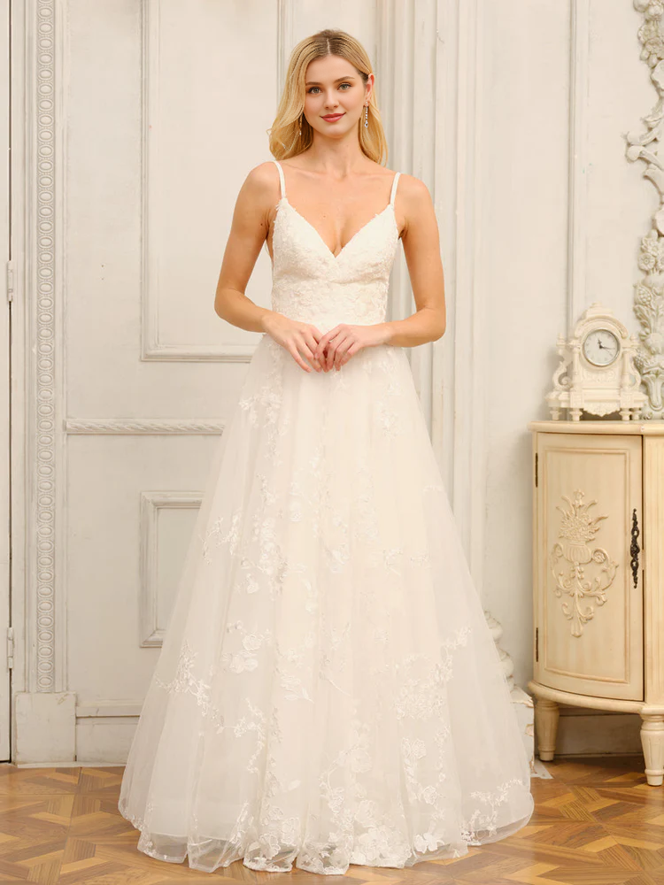 A-Line V-Neck Sleeveless Applique Wedding Dress - Chloe Dress