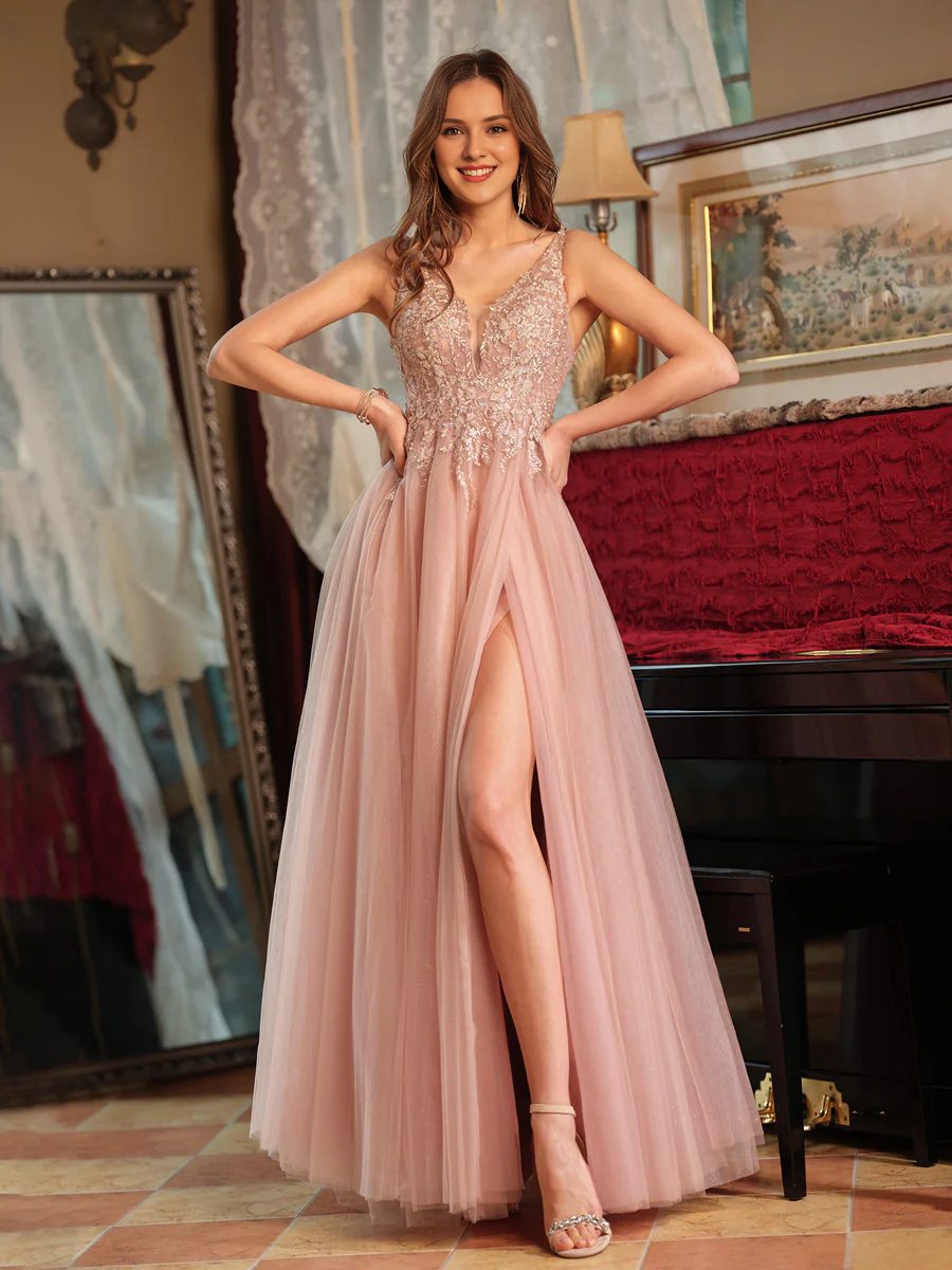 A-Line V-Neck Chiffon High Slit Gown - Chloe Dress