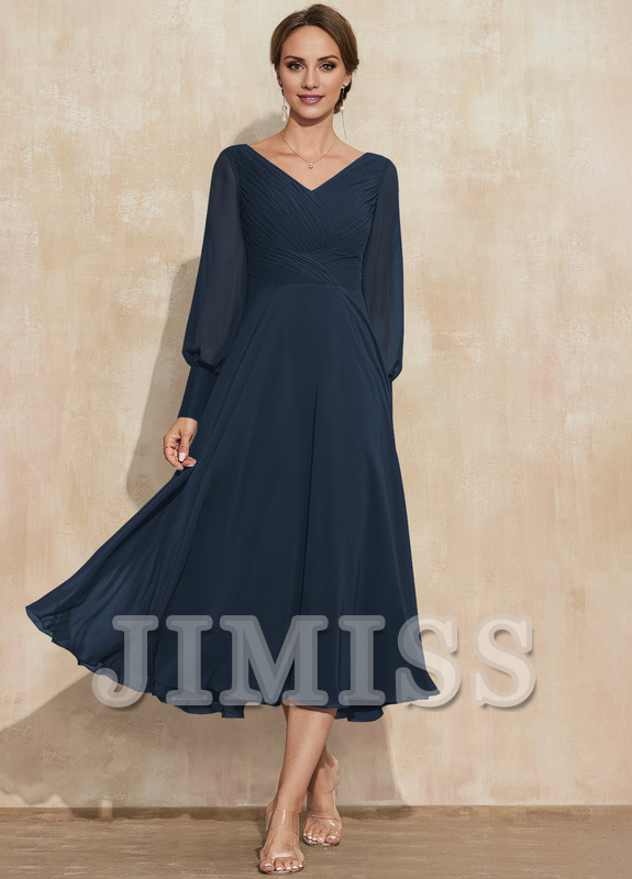 A-Line V-Neck Chiffon Pleated Tea-Length Wedding Dress - Chloe Dress