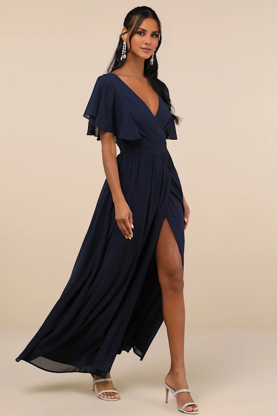 A-Line V-Neck Short Sleeve Backless High Slit Floor-Length Evening Dress - Chloe Dress