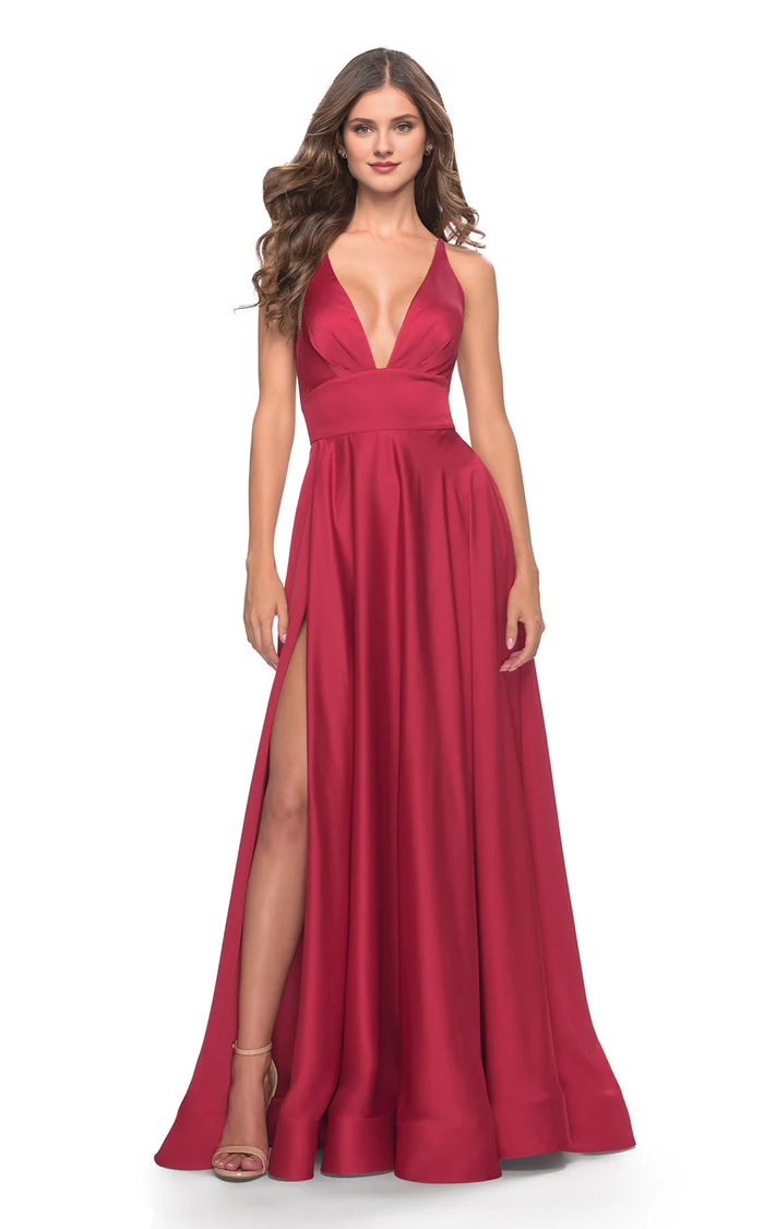 A-Line V-Neck Satin Backless High Slit Floor-Length Evening Dress - Chloe Dress