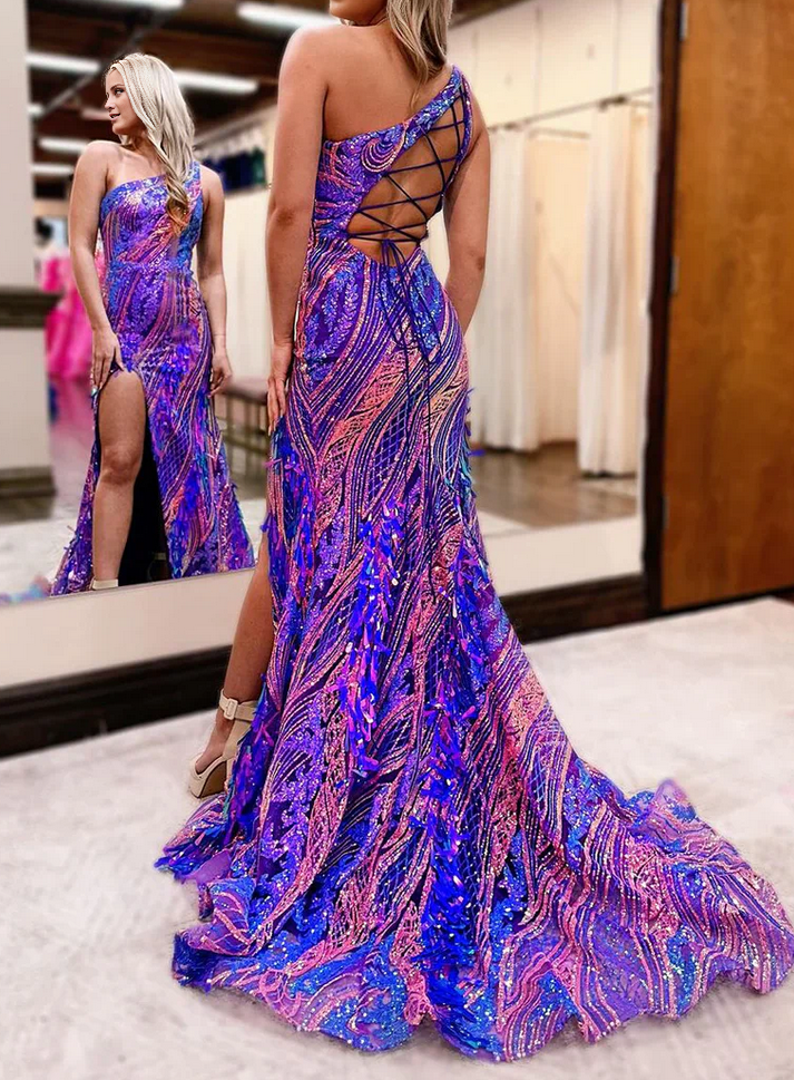 Purple Mermaid One-Shoulder Sequin High Slit Dress - Chloe Dress
