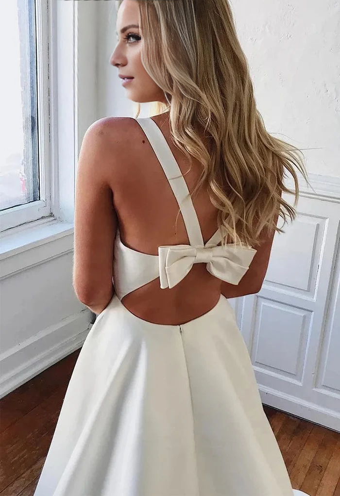 A-Line V-Neck Satin Sleeveless Train Wedding Gown - Chloe Dress