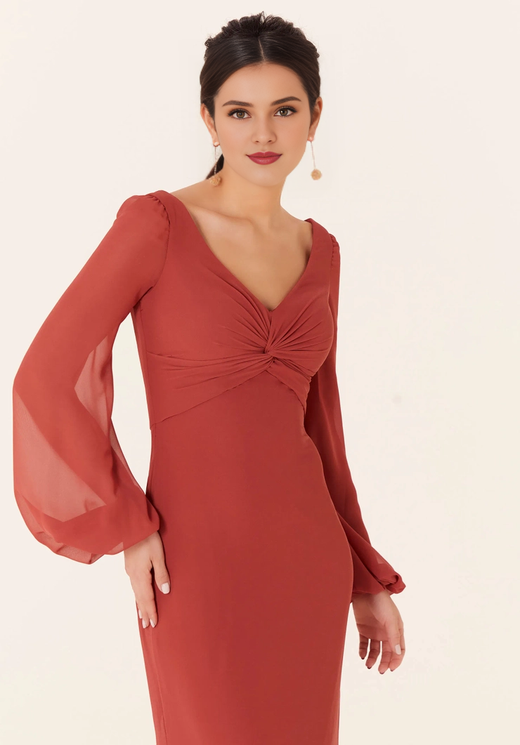 V-Neck Bishop Sleeve Lace-Up Back High Slit Wedding Dress - Chloe Dress