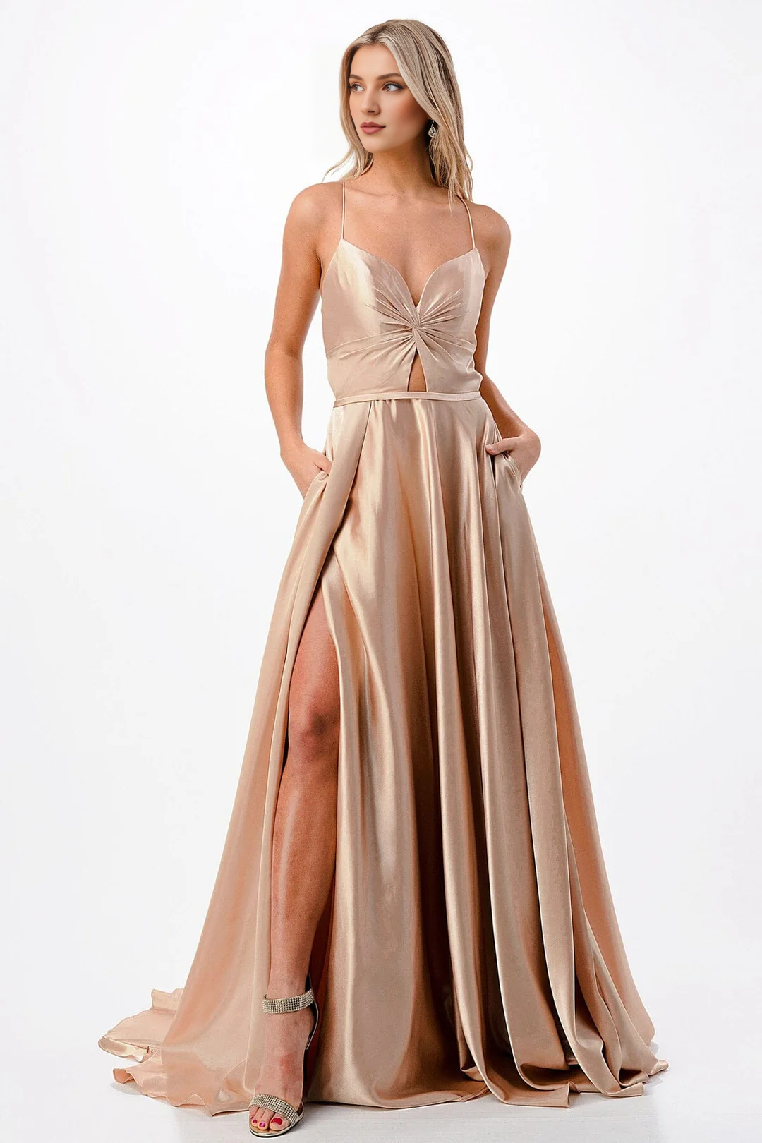A-Line Satin Long Sleeve High Slit Dress - Chloe Dress