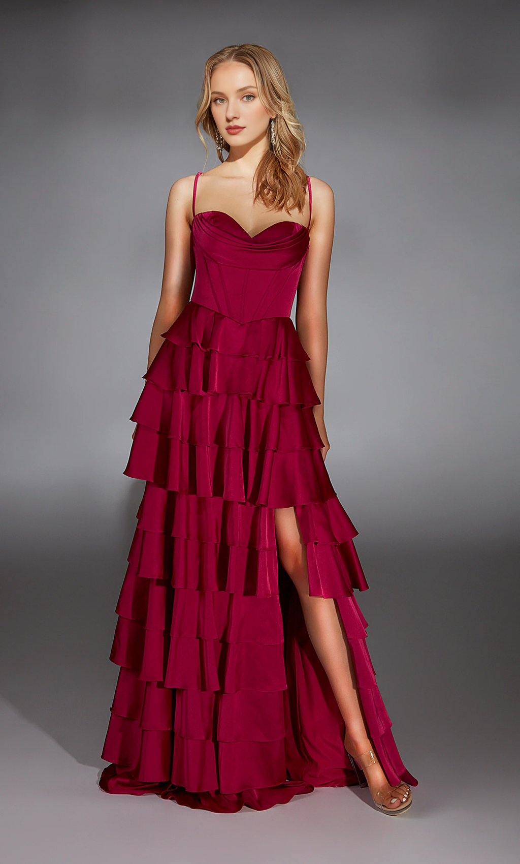 A-Line High Neck Satin Lace-Up Back High Slit Evening Gown - Chloe Dress